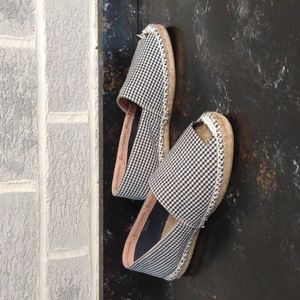 Cousu Main Women's Black/Blue Checkered Open Toe Flat Espadrilles Shoes Size 6